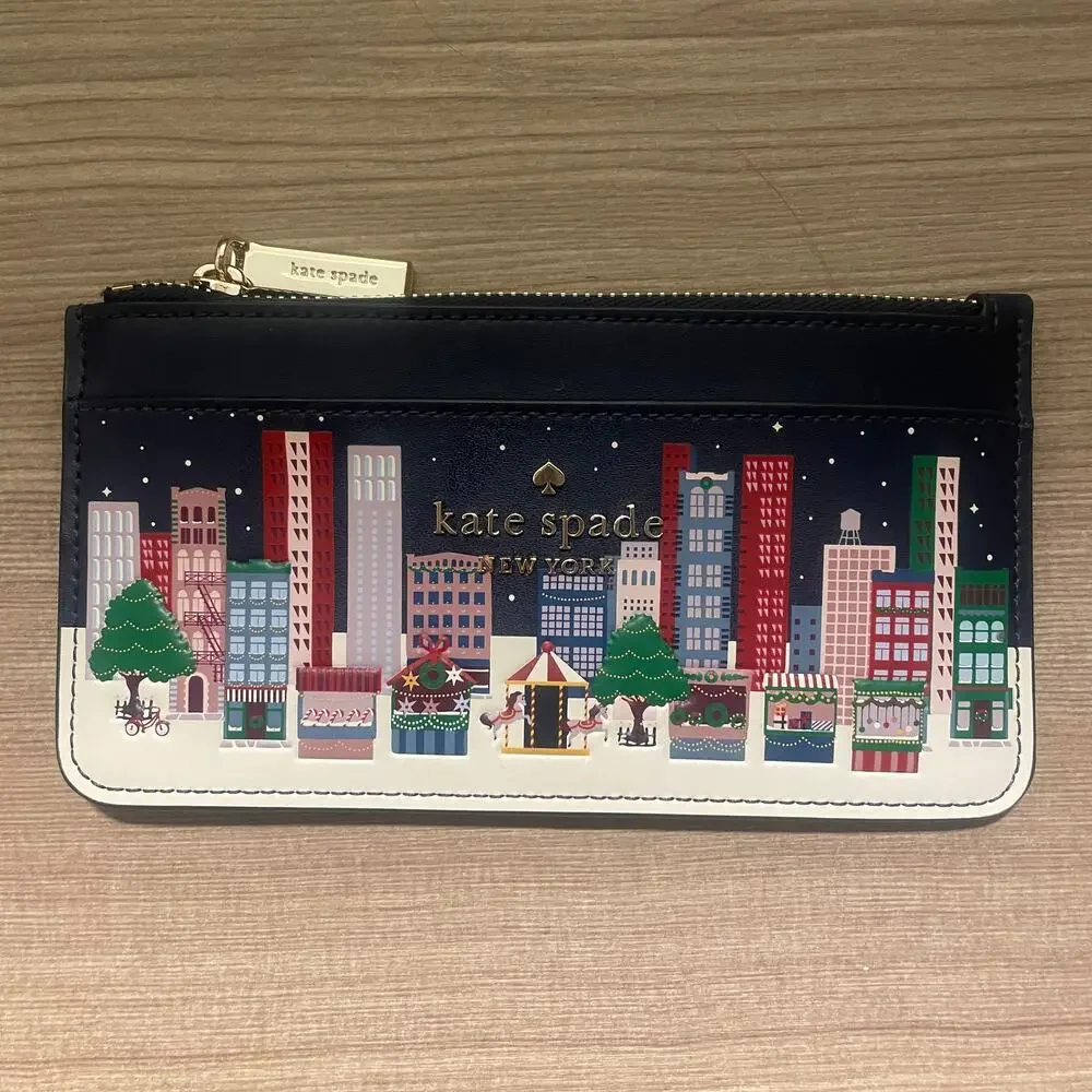 Kate Spade NEW Winter Wonders Large Slim Card Holder Wallet Leather Holidays